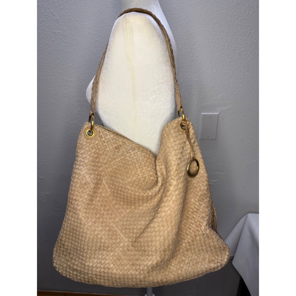 Elliott Lucca Isadora Hobo Bag Women Large Tan Woven Leather Fair Stained Base